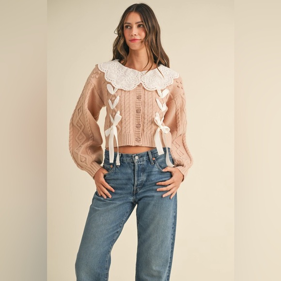 80B. Eyelet Collar Cable Knit Cardigan - Rose - Picture 7 of 12